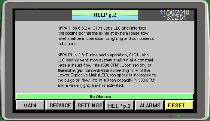 Extraction Booth Controller Screen Descriptions